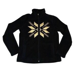 NWT-Vintage Ralph Lauren Petite Black Fleece Zip Jacket Gold‎ Snowflake - M